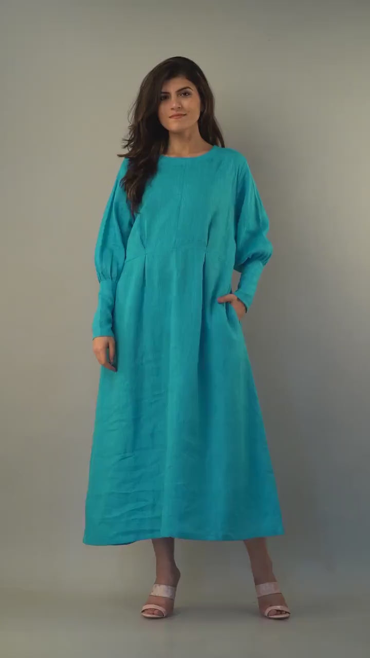 Blue Linen Midi Dress: Long Sleeve Back Button Oversized Dress with Pockets, Plus Size Clothing, Vintage Boho Long Sleeve Dress
