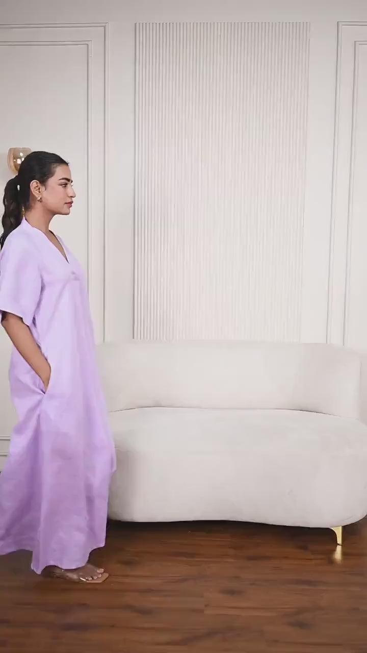 Handmade Linen Maxi Dress: Relaxed A-Line V-Neck with Pockets