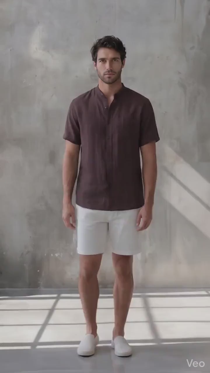 Men's Relaxed Fit Short Sleeve Shirt with Mandarin Collar, Solid Color Beachwear, Lightweight Breathable Plus Size Men’s Vacation Shirt