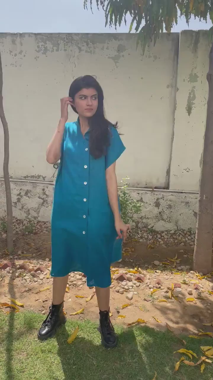 Blue Linen Shirt Dress with Pockets, Drop Sleeve Linen Dress, Collared Dress, Party Dress, Side Button Down   Minimalist Summer Clothing