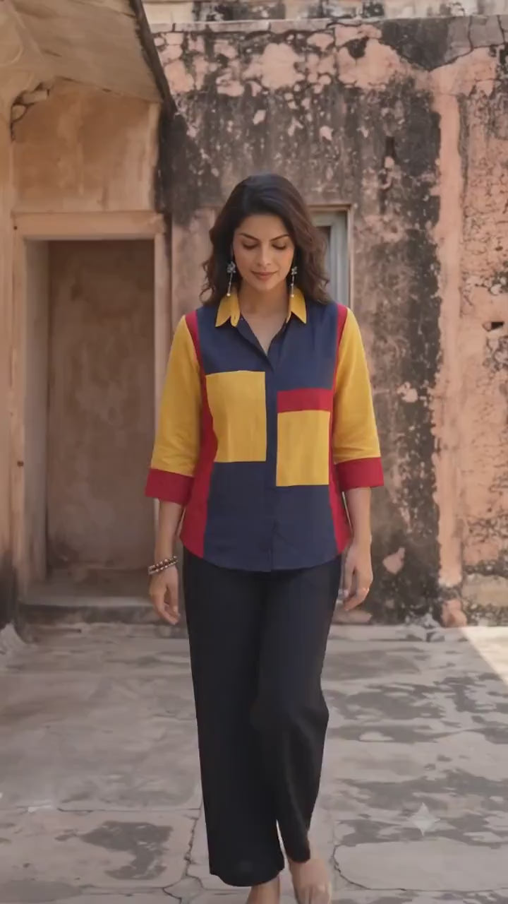Red Blue Yellow Colorblock Linen Top, Linen Multi Color Shirts for Women, Pure Linen Clothing, Handmade Custom Linen Clothing