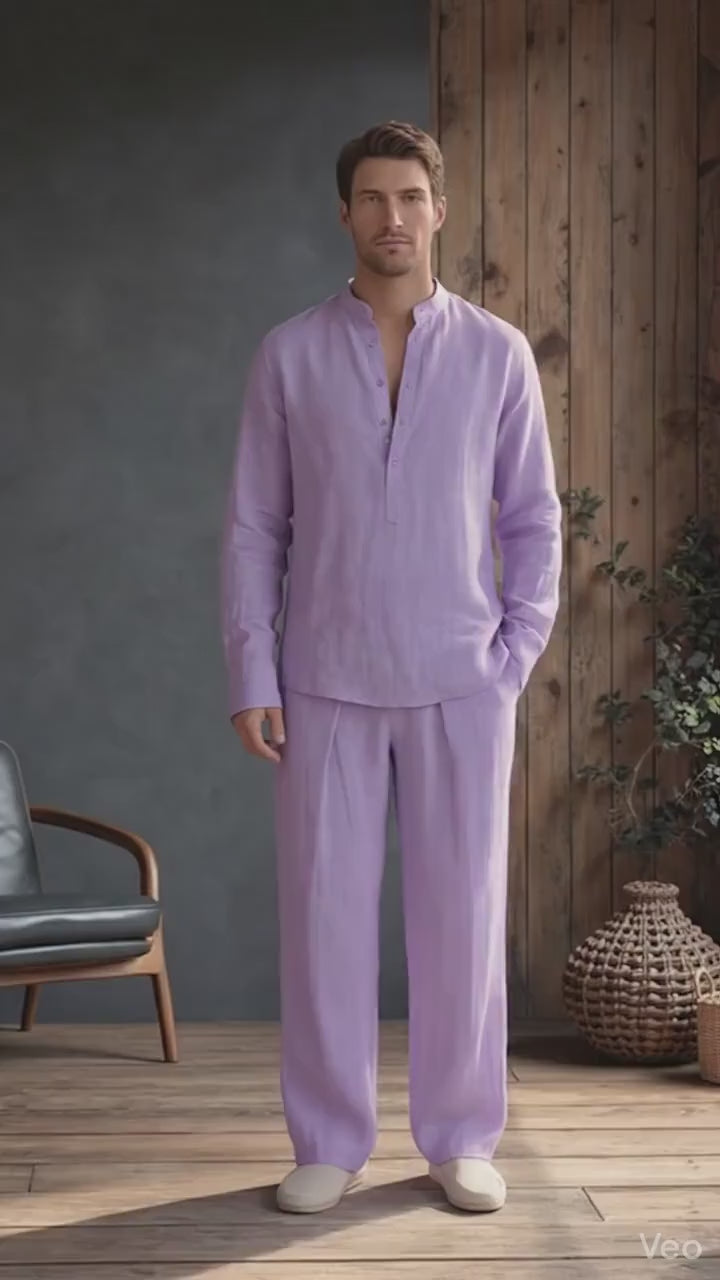 Linen clothes for Men, Relaxed Fit Linen Shirt with Mandarin Collar, Minimal placket look short front slit, Men Linen Resort Wear