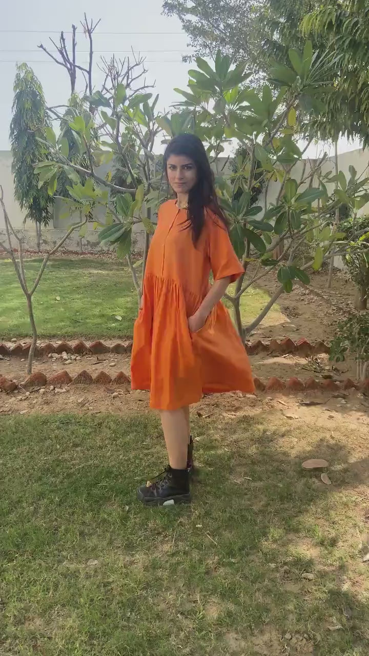 Smocked Linen Midi Dress: Boho Short Sleeve Flax Dress, Casual Summer Outfit, loose fitting Dress, Dress with pockets