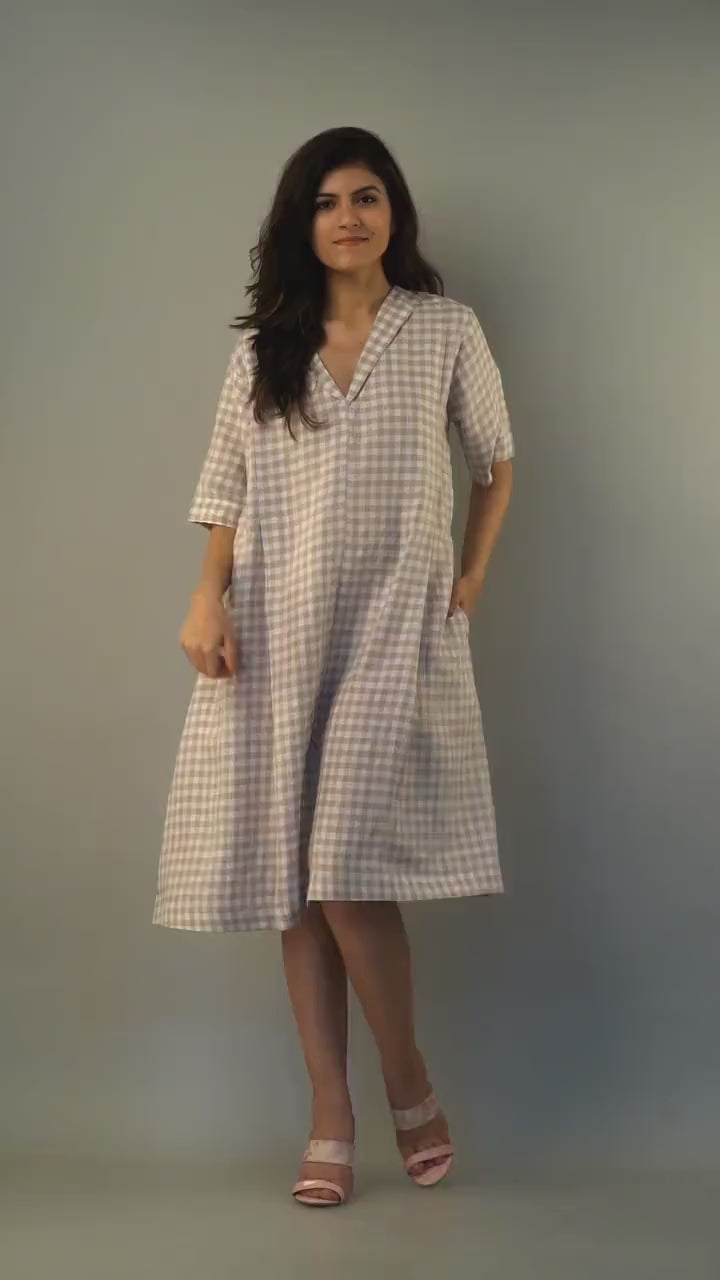 Pure Linen Tunic Dress: V-Neck, Half Sleeve, Plus Size