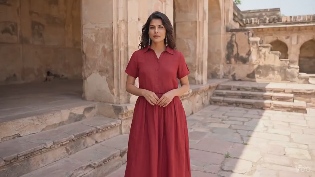 Short-Sleeve Linen Midi Dress with Collar and Pleated Waist, minimalistic style, nursing dress, cottagecore dress, linen dress long