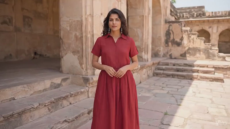 Short-Sleeve Linen Midi Dress with Collar and Pleated Waist, minimalistic style, nursing dress, cottagecore dress, linen dress long