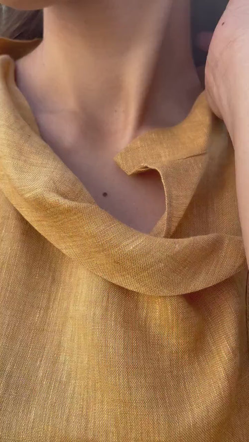 Asymmetrical Linen Tunic Top: Cowl Neck Short Sleeve Blouse