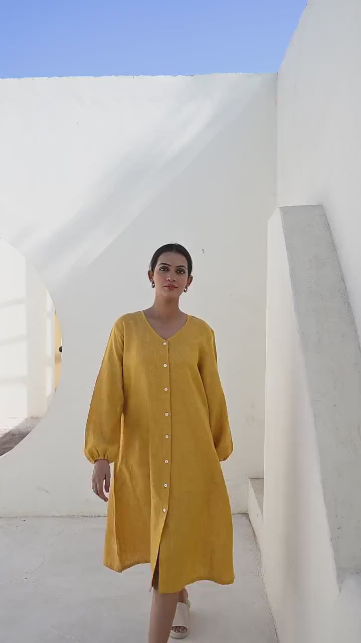 V Neck Button Front Linen Dress, Summer Dress, Linen Smock Dress, midi shirt dress, modest linen dress, summer swing button down dress