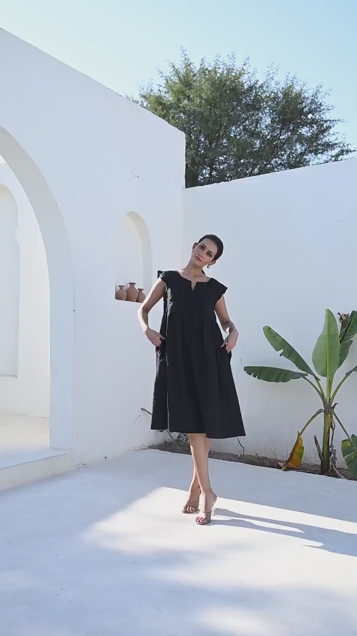 Black Linen Dress, Pin-Tucked Yoke, Ruffle Sleeves, Midi-Length Linen Dress with pockets, Casual Dress, Bridesmaid Dress, Mothers Day Gift