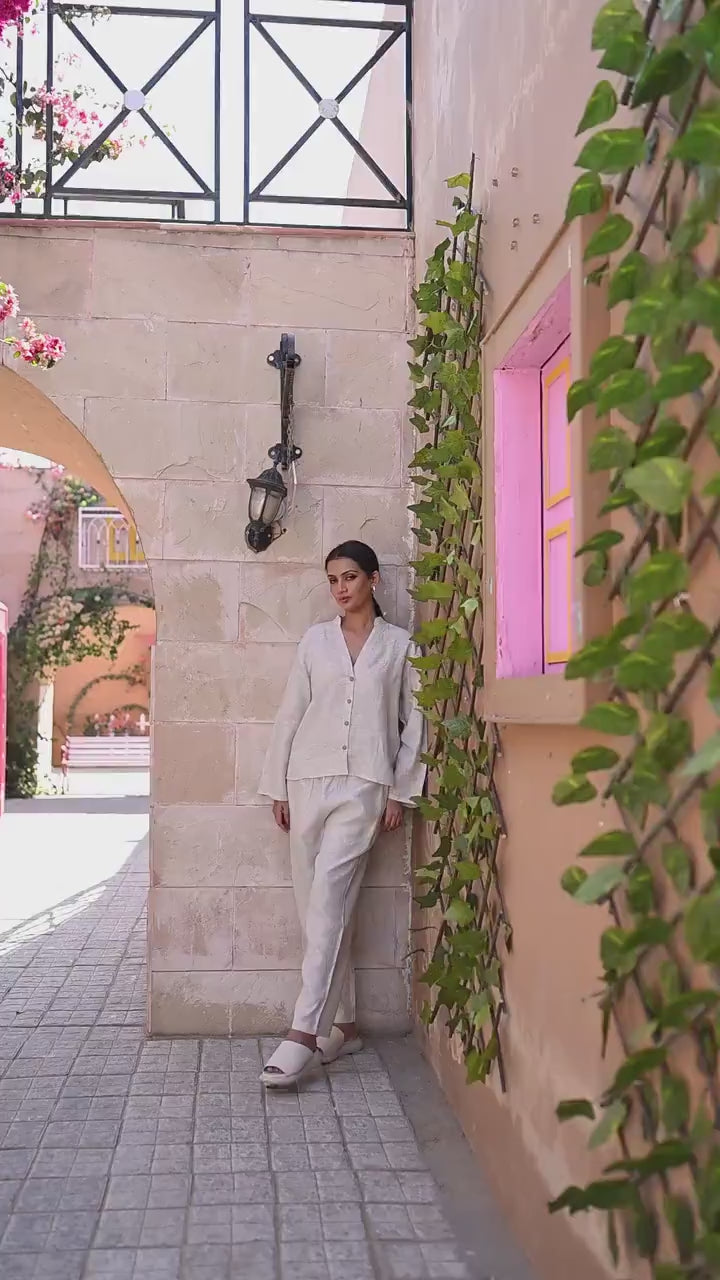 Linen Lounge Set, Women's Relaxed Fit Shirt and Pants, Elastic Waist, Custom Made Linen Co-ord
