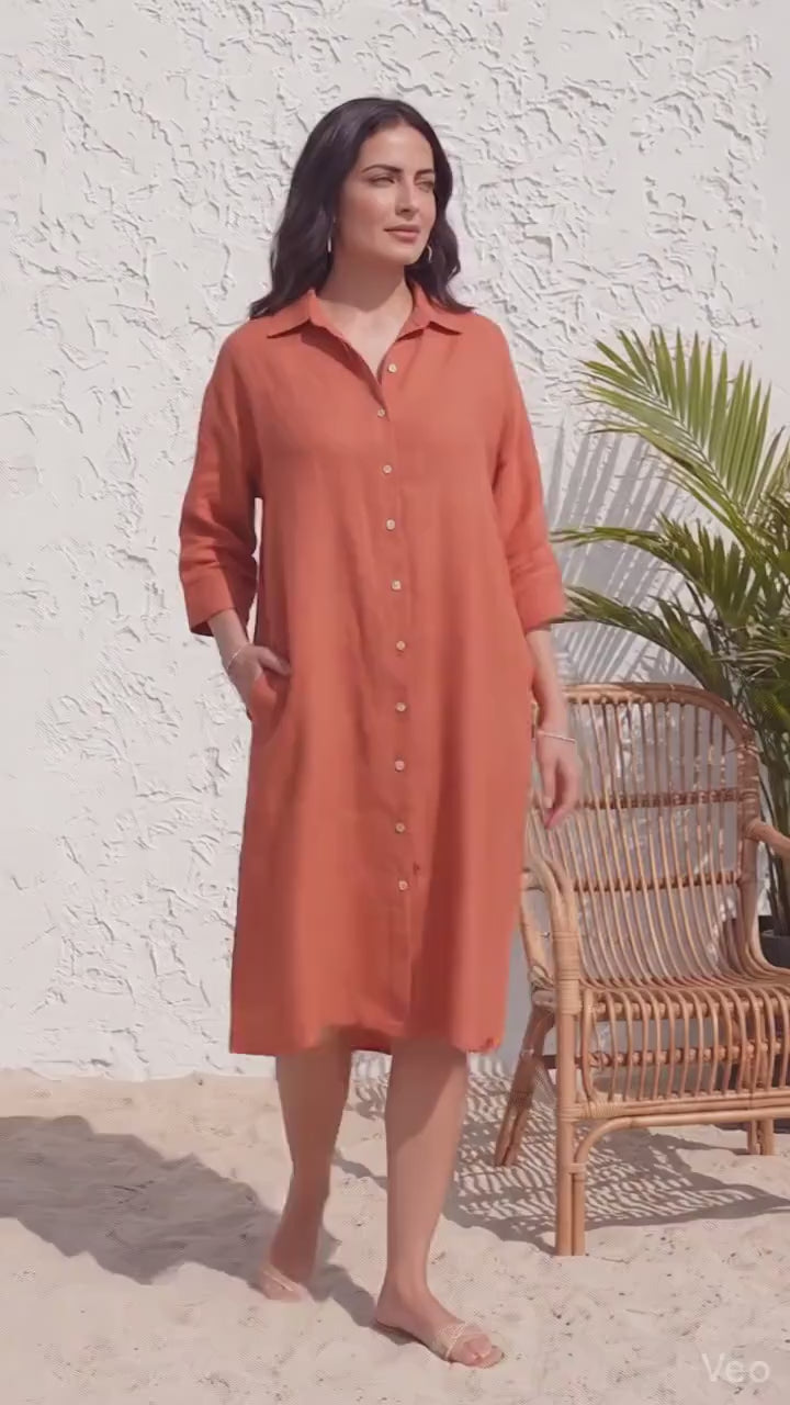 Linen Shirt Dress with Pockets and 3/4th Sleeves, Lightweight Linen Tunic for Women Summer tunic