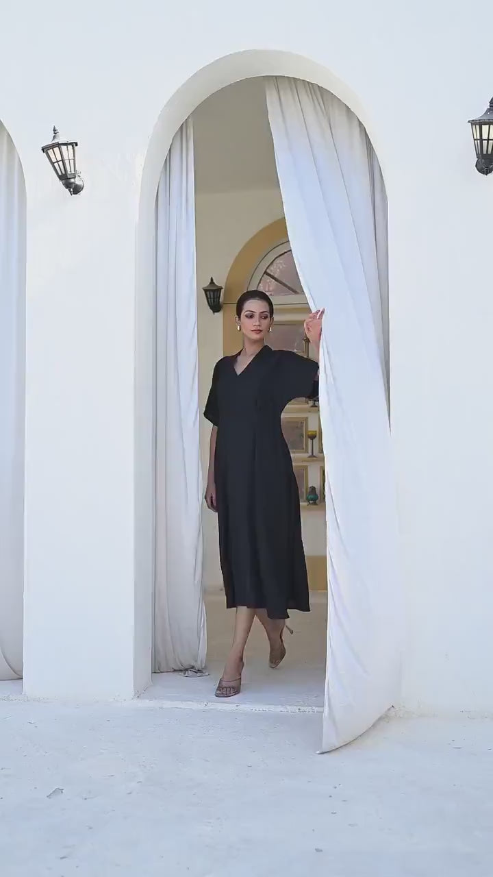Black Linen Midi Dress, Linen Dress with V-Neckline, Linen Midi Dress with Pockets, Boat Neck Summer Dress, Plus Size Clothing