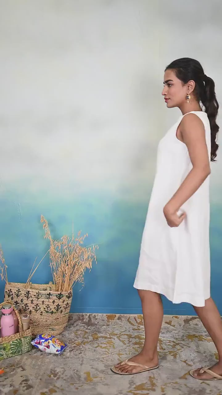 Handmade White Linen Midi Dress: Sleeveless Boat Neck Summer Shift