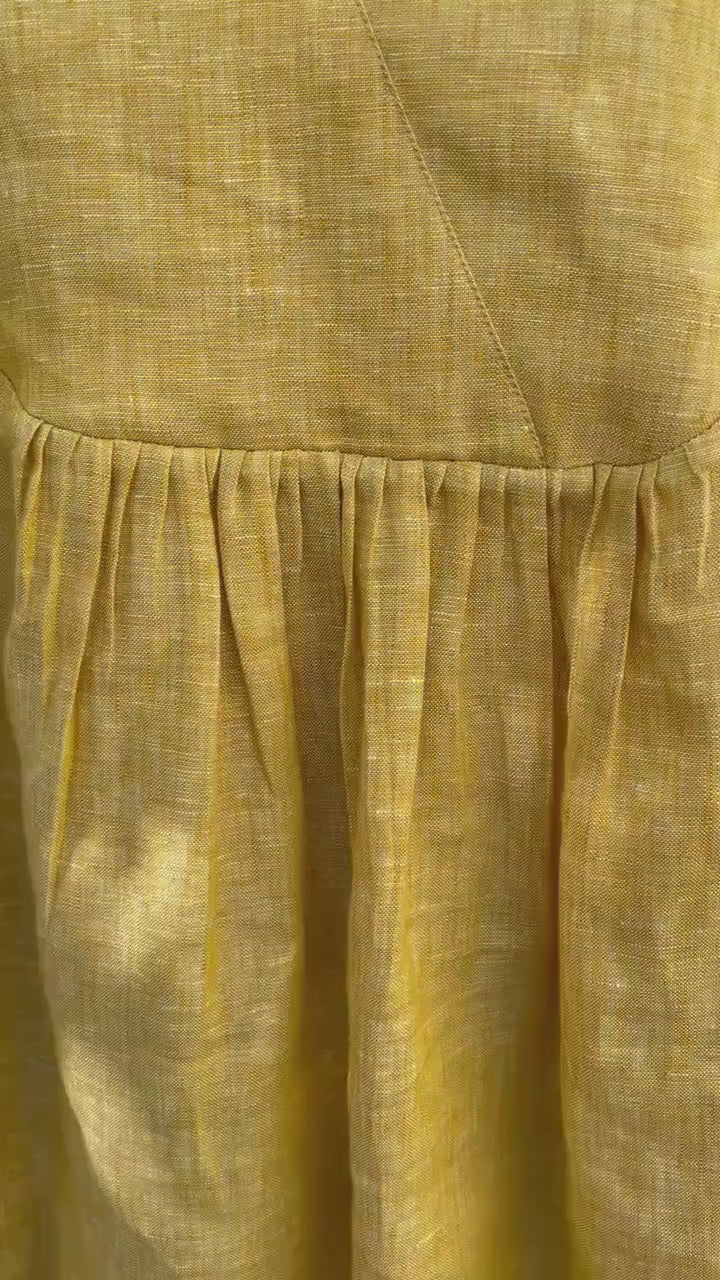 Honey Yellow Linen Blouse: V-Neck Long Sleeve Relaxed Fit