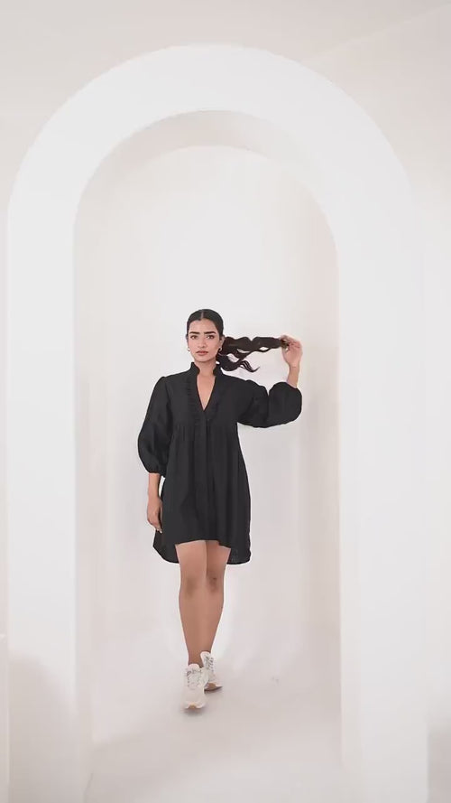 Handmade Black Linen Mini Dress, Ruffle V-Neck, 3/4th puff sleeves, Oversized Linen Tunic Dress