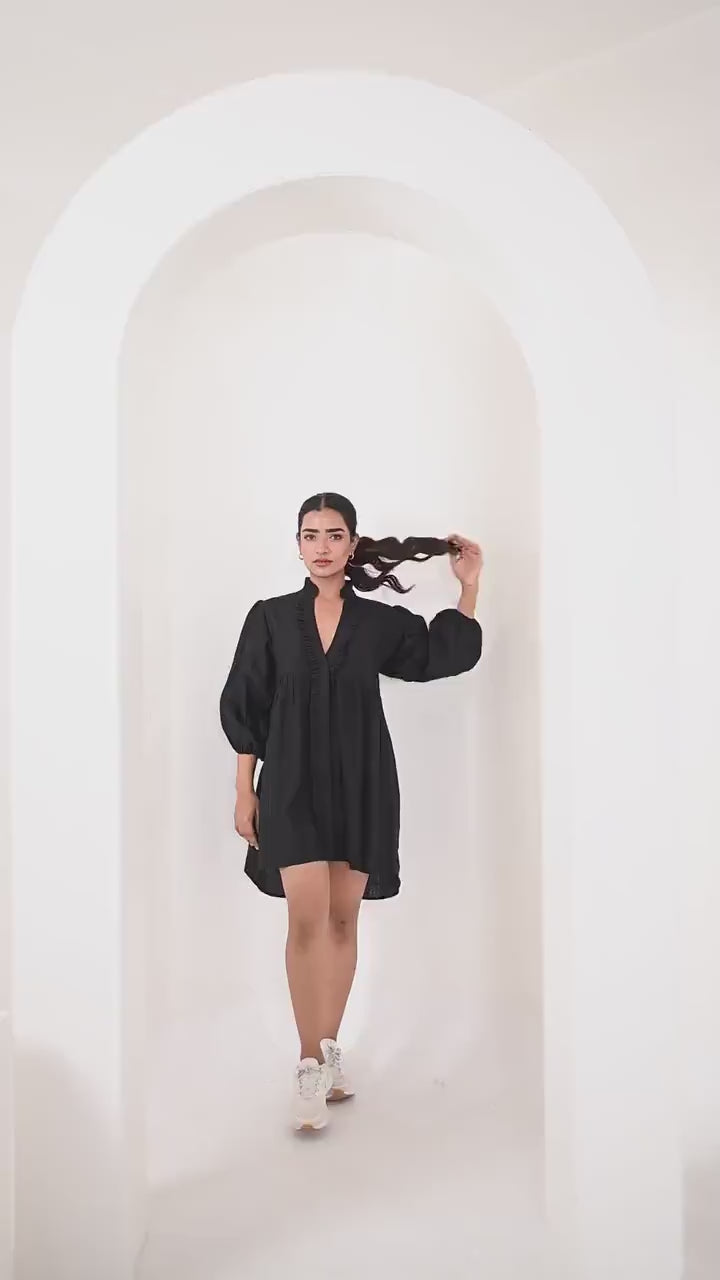 Handmade Black Linen Mini Dress, Ruffle V-Neck, 3/4th puff sleeves, Oversized Linen Tunic Dress