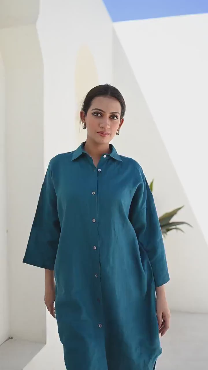 Linen Collar Shirt, Long sleeves Shirt, Blue Linen Shirt for women, Oversized Linen Shirt, 3/4 Sleeve Women Shirt