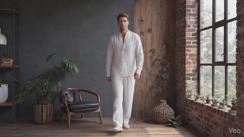 Linen clothes for Men, Relaxed Fit Linen Shirt with Mandarin Collar, Minimal placket look short front slit, Men Linen Resort Wear