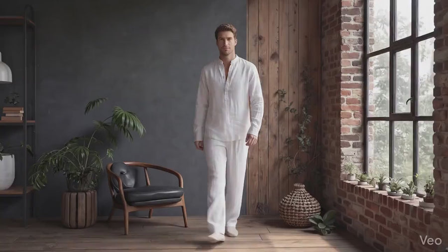 Men's Mandarin Collar Linen Resort Shirt: product video
