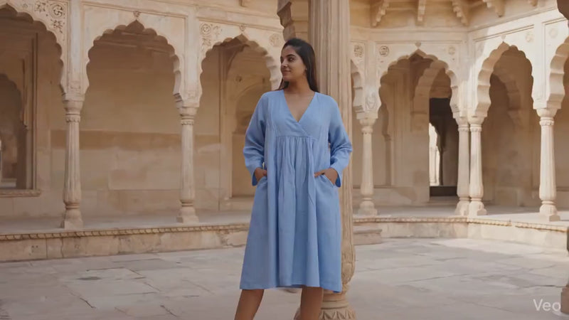 Linen A-Line Knee-Length Dress with V-Neckline and Empire Waist, Long Sleeve Dress, Plus Size linen