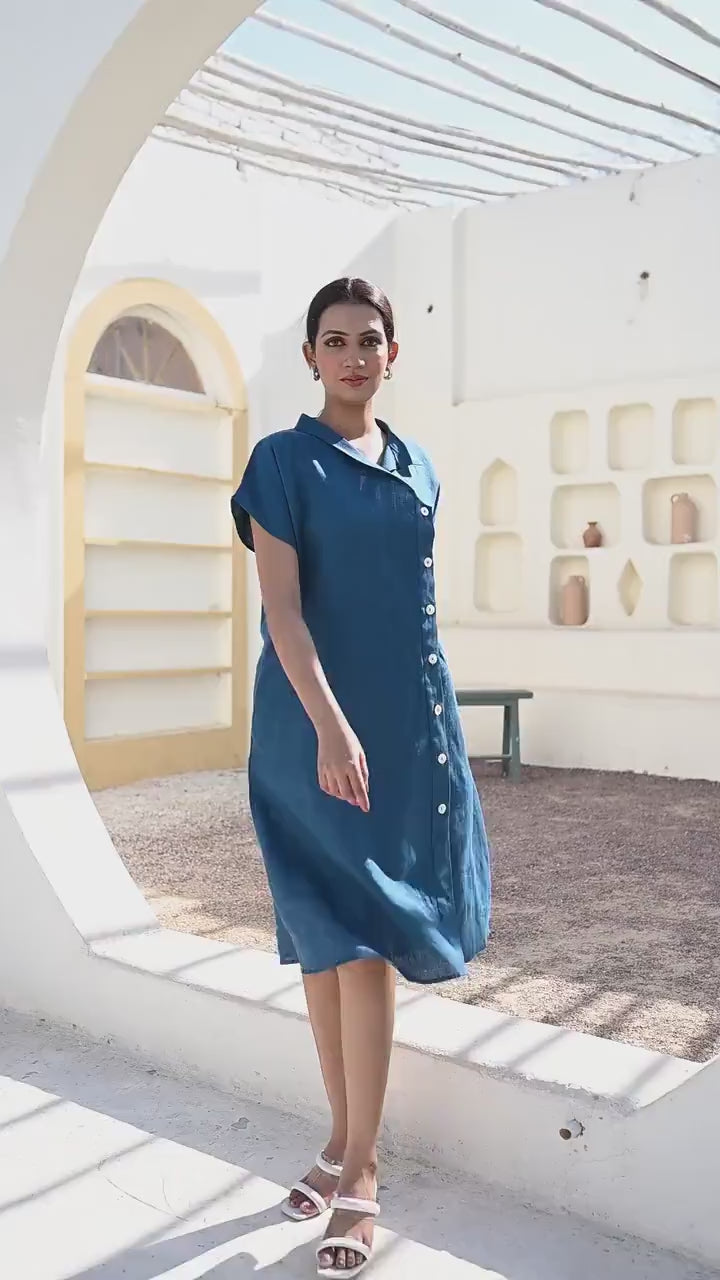 Blue Linen Shirt Dress: Button-Up Oversized Summer Dress With Pockets, Short Sleeve Summer Flax Dress