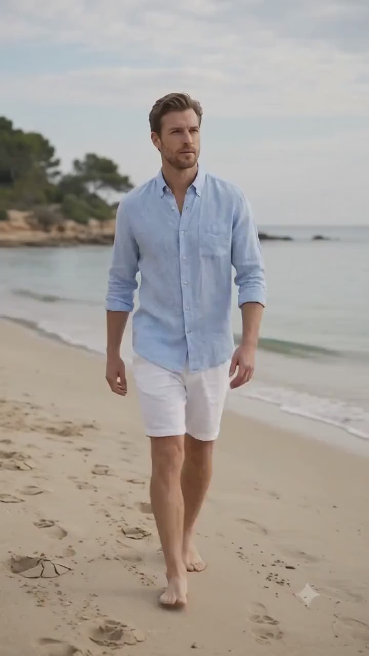 Men's Pure Linen Shirt, Relaxed Fit, Breathable European Fabric, Summer Beach Wear