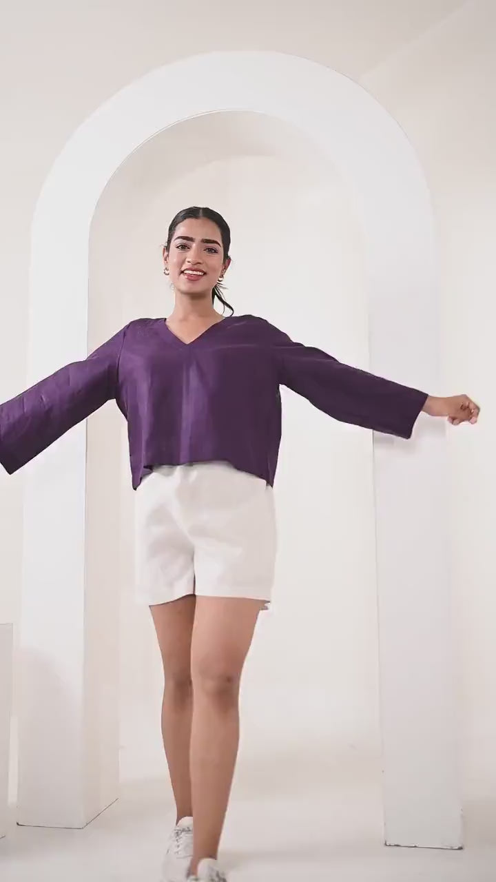 Linen loose-fit Top with V-neckline, Linen Top, Purple Blouse, Casual Top, Women Blouse, Short Shirt, Loose Fit Tee