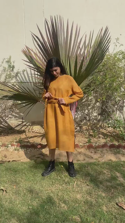 Long Sleeve Belted Linen Midi Dress: product video