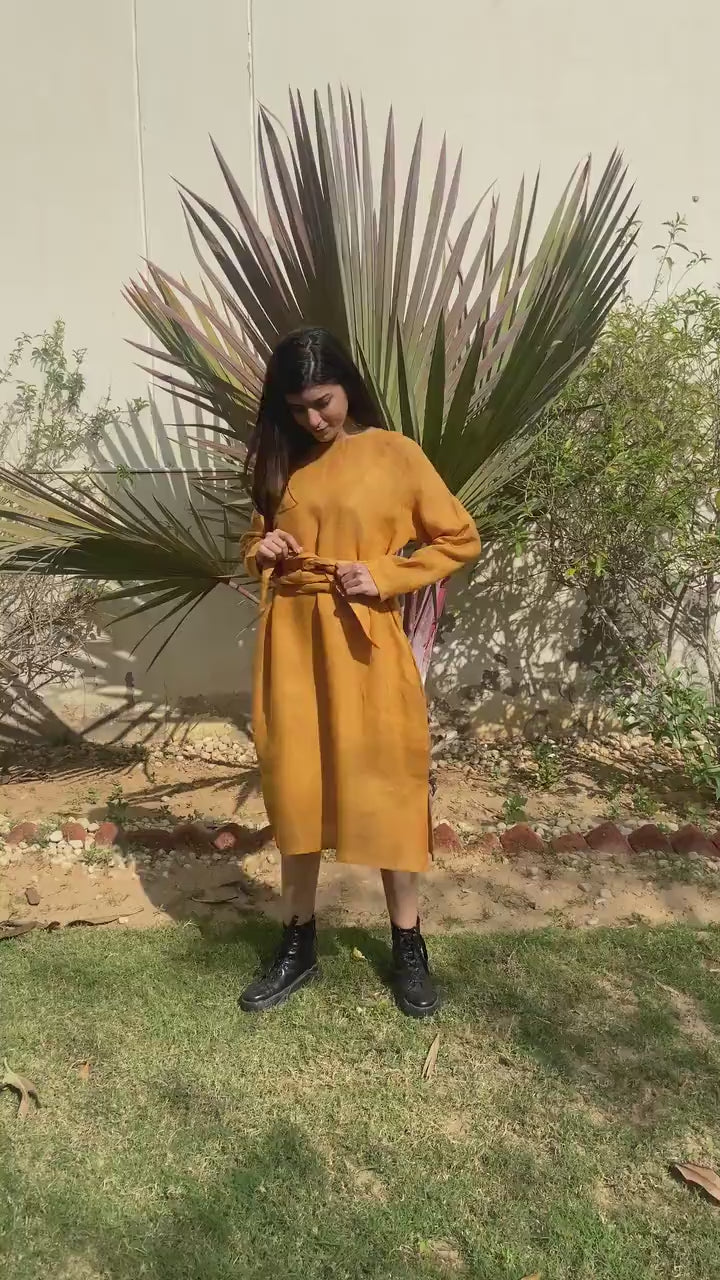 Long Sleeve Linen Midi Dress with Belt, Plus Size Kimono Style, Loungewear with Pockets, Linendresses, Belted Linen Dress