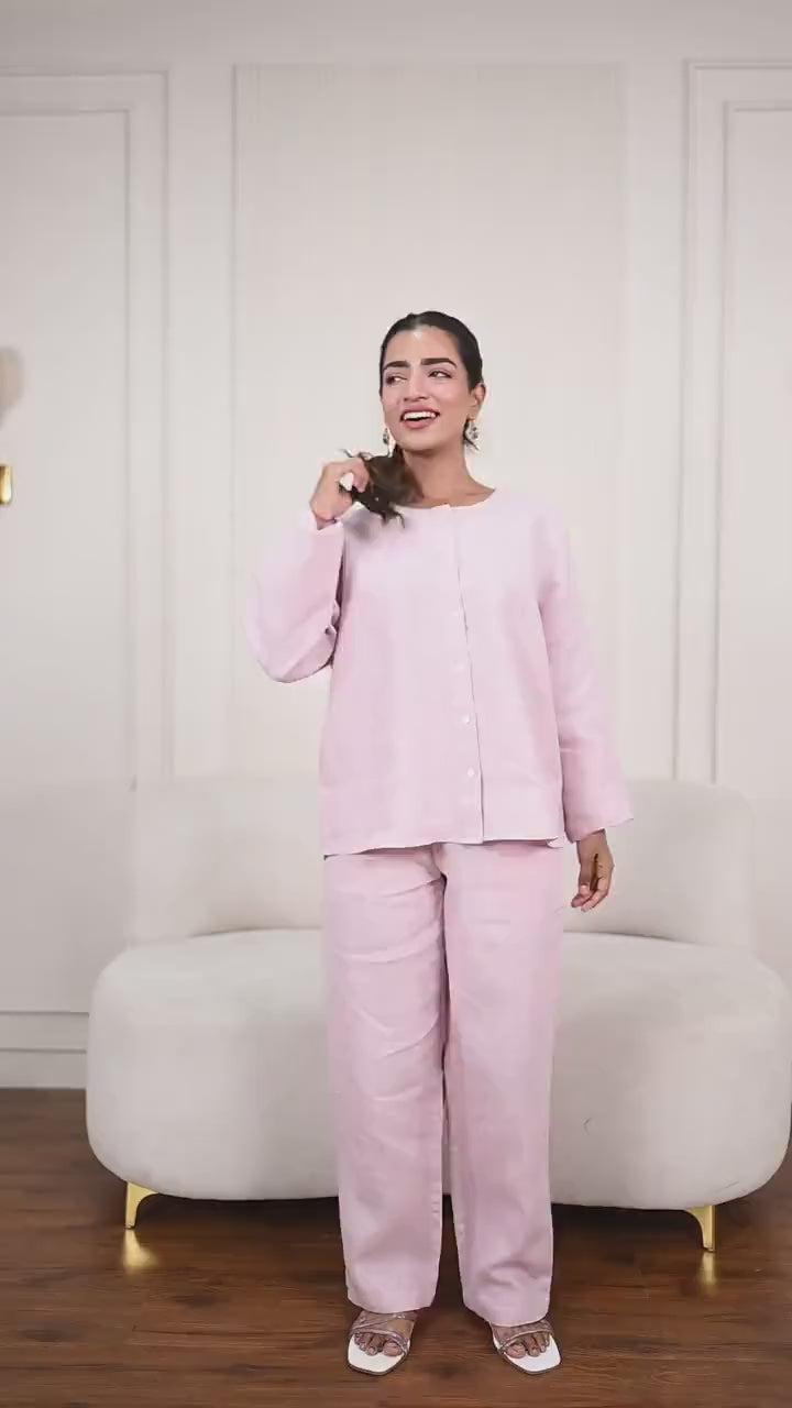 Pink Linen Button-Down Shirt: Oversized Long Sleeve Blouse, Comfortable all day wear