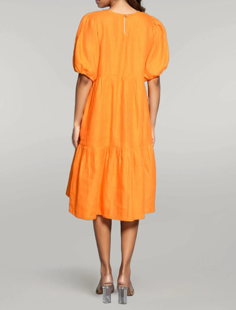 Pure Linen Midi Tunic Dress: back view of orange puff sleeve linen dress with keyhole button