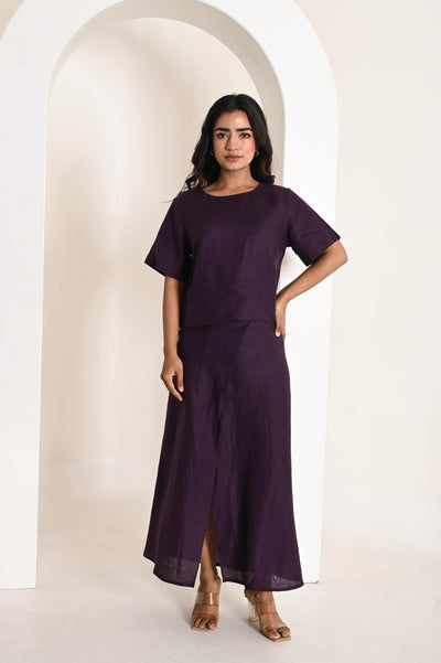 Purple Linen Co-ord Set, Shirt and Skirt: woman in Dark Plum co-ord set, hands on hips