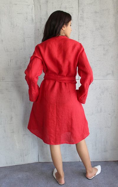 Red Linen Kimono Dress, Long Sleeve: back view of Red linen kimono dress with tie belt
