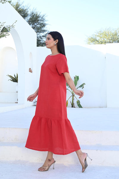 Red Linen Midi Dress, Gathered Hemline: side view of woman in Blood Red linen midi dress with tiered hem