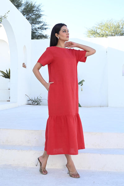 Red Linen Midi Dress, Gathered Hemline: woman in Blood Red linen midi dress with one hand on pocket, front view