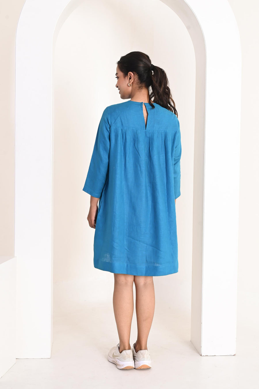 Relaxed Fit Linen Mini Dress, Gathered Yoke: back view of Topaz Blue linen mini dress with keyhole button at the neck
