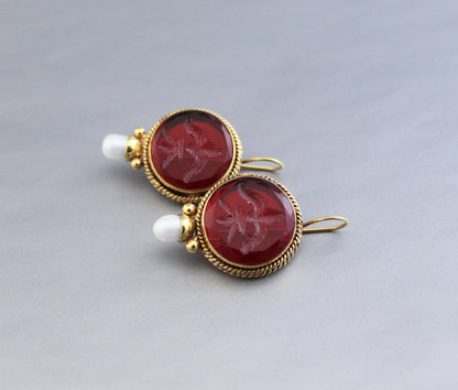 Red Intaglio Vintage Earrings, Antique Jewelry