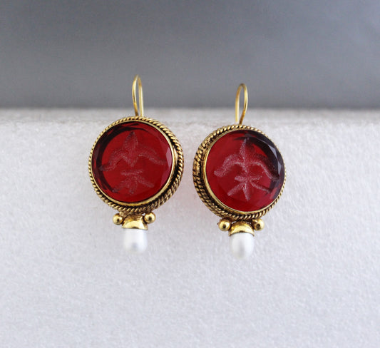 Red Intaglio Vintage Earrings, Antique Jewelry