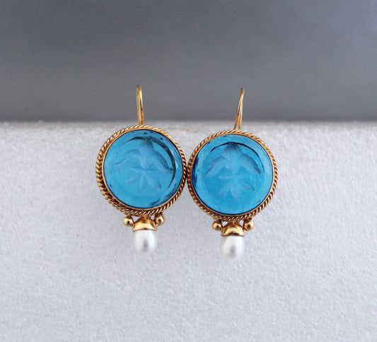 Topaz Blue Glass Intaglio Vintage Earrings