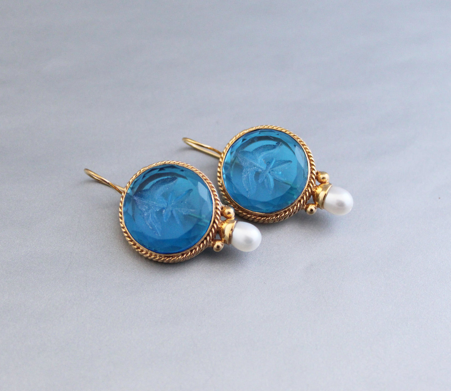 Topaz Blue Glass Intaglio Vintage Earrings