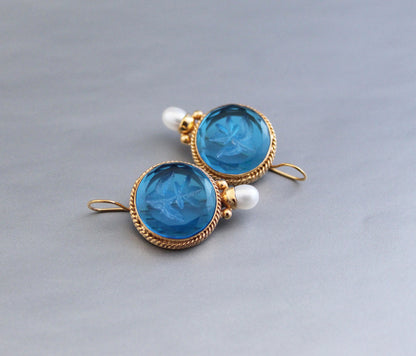 Topaz Blue Glass Intaglio Vintage Earrings