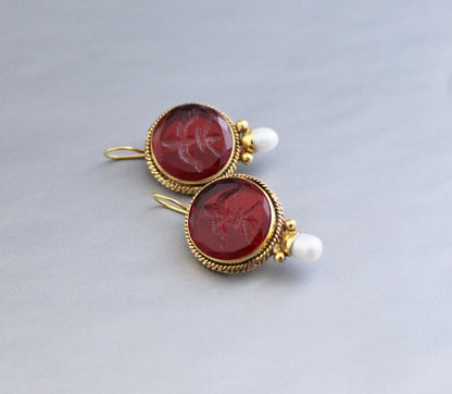 Red Intaglio Vintage Earrings, Antique Jewelry