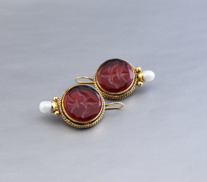 Red Intaglio Vintage Earrings, Antique Jewelry