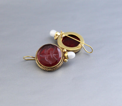 Red Intaglio Vintage Earrings, Antique Jewelry