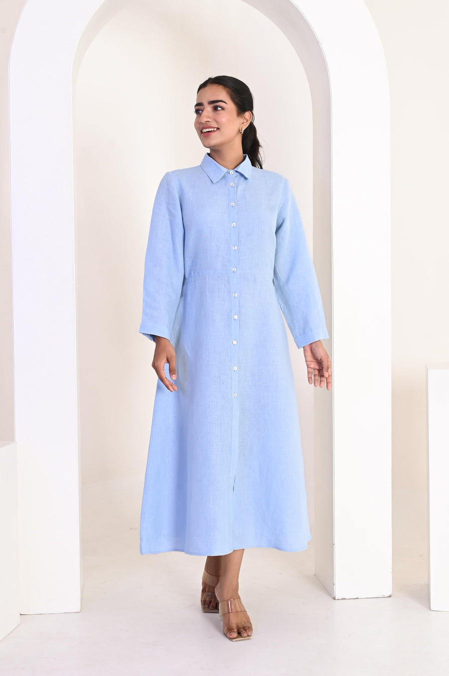 Sky Blue Linen Button-Up Dress, Shirt Collar: woman in Sky Blue linen shirt dress, front view, hands at sides