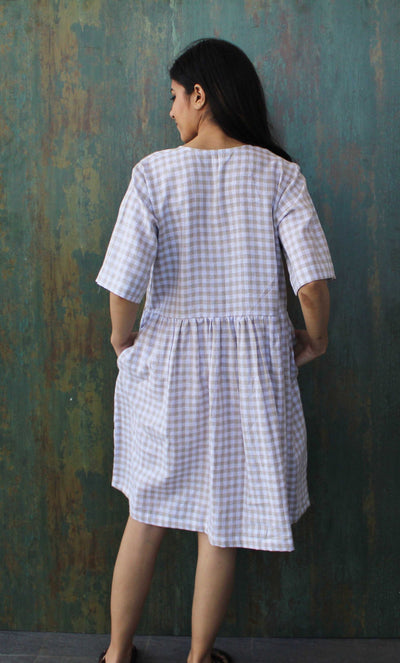 Smocked Linen Midi Dress, Short Sleeve: back view of lilac and white gingham short sleeve linen dress