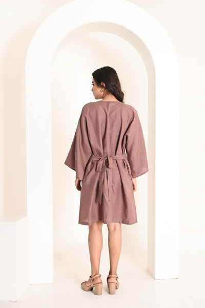 Straight Linen Dress, Waist Tie: back view of Burnt Wood dress with waist tie