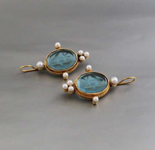 Blue Crystal Intaglio Earrings, Vintage Glass Earrings