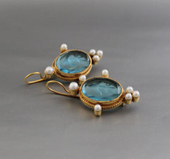 Blue Crystal Intaglio Earrings, Vintage Glass Earrings