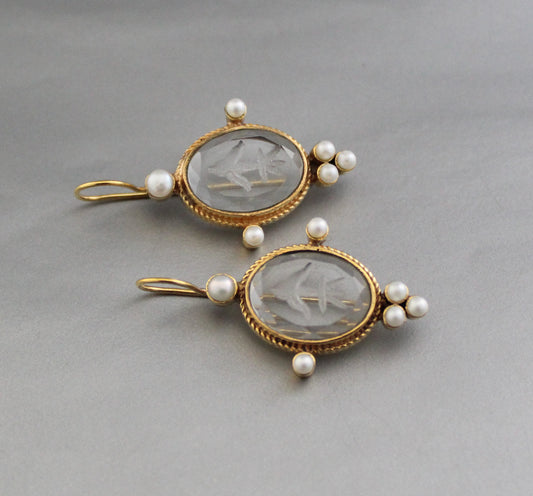 Clear Crystal Intaglio Earrings, Ancient Antique Jewelry